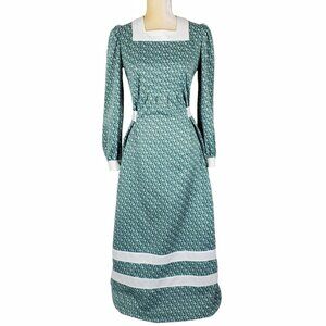 Vintage Boho 70s Groovy Green Geo Print Puff Shoulder Long Sleeve Maxi Dress S